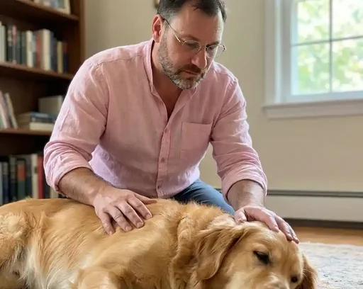 Jahben giving an animal Reiki session to a golden retriever