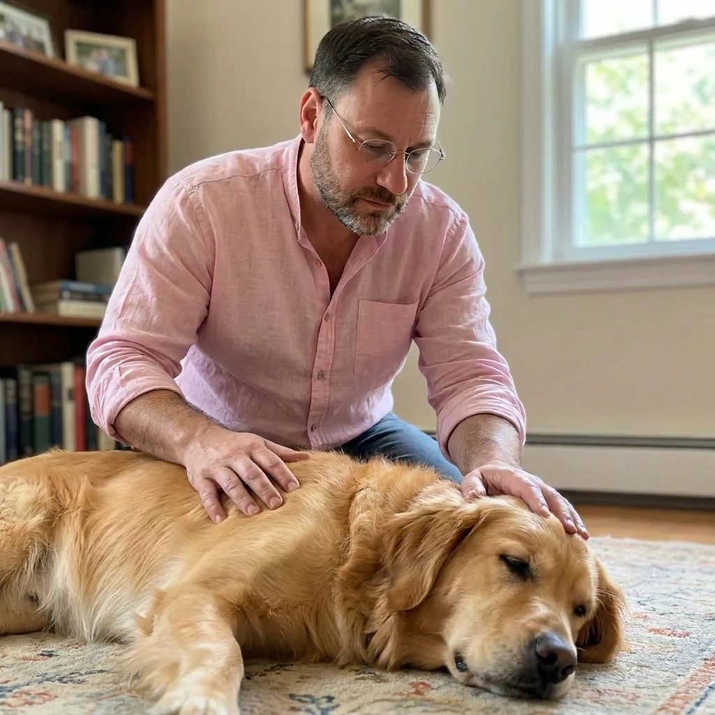 Animal Reiki session — practitioner offering gentle energy healing to a dog