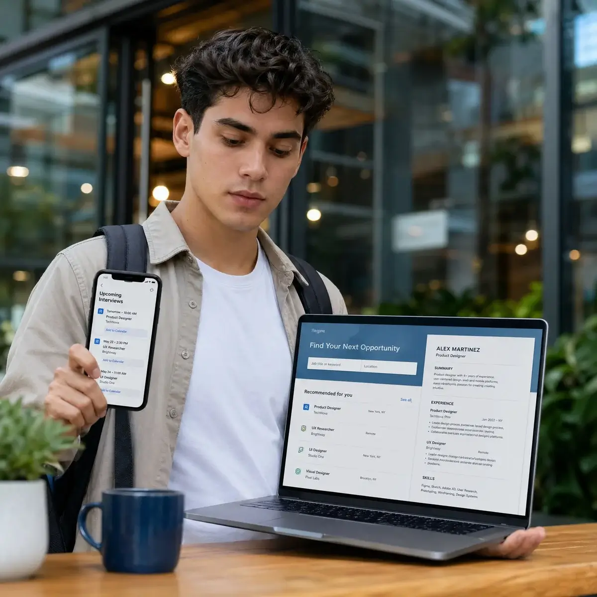 Gen Z professional looking at job opportunities on laptop and phone — life path numerology career guide for the AI age