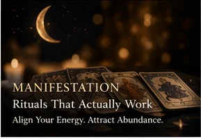 Manifestation themed astrology article image with cards and crescent moon