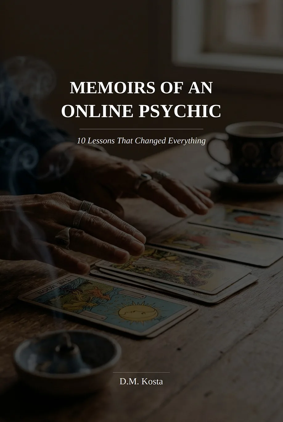 Book cover by D.M. Kosta: hands over tarot cards on a wooden table, beside a coffee cup and incense
