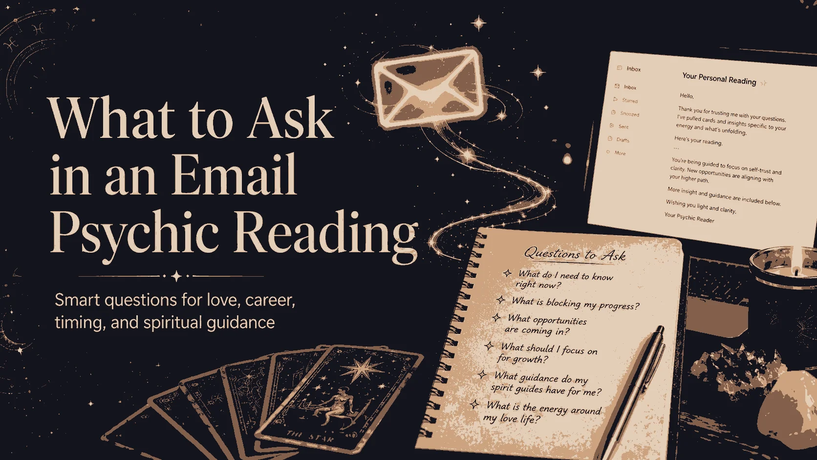 A person writing thoughtful questions in a journal before an email psychic reading