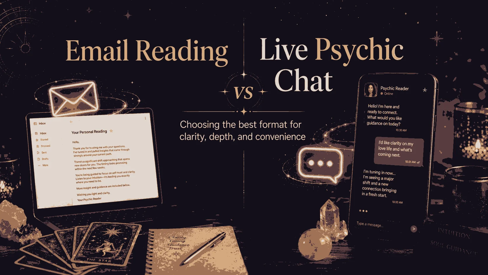 An open inbox beside a live chat window representing two psychic reading formats