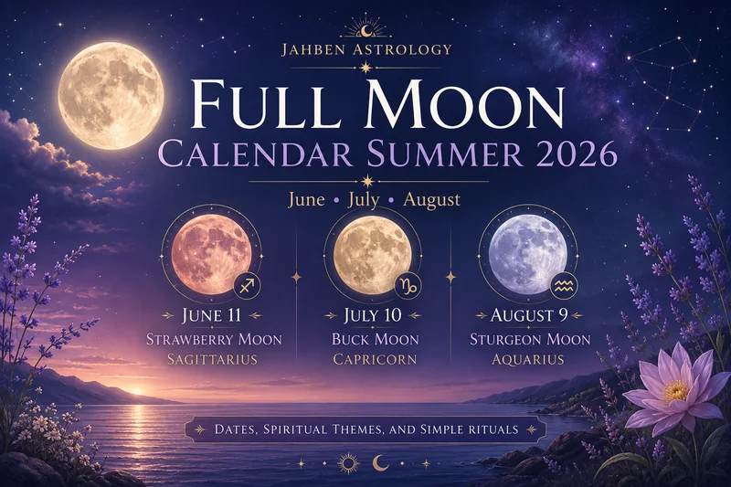 Full Moon Calendar Summer 2026 chart with lunar phases