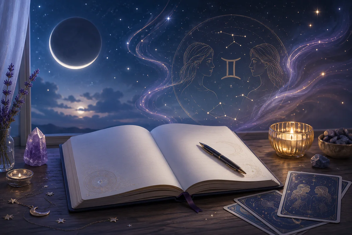 Journal, tarot cards, and moonlight representing questions to ask during the Gemini New Moon