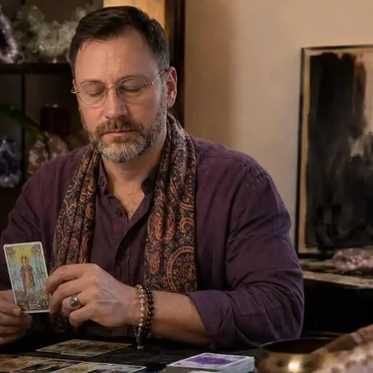 Jahben giving a tarot reading — psychic advisor, astrologer, and numerologist