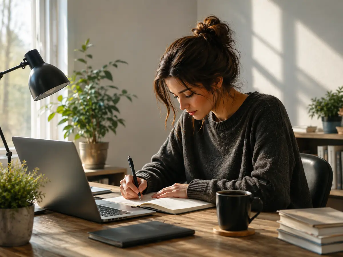 Writer working independently at a laptop in a quiet, focused environment