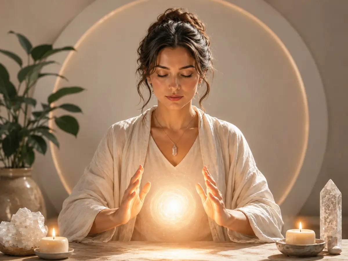 Spiritual healing session with candles and crystals in a calm setting