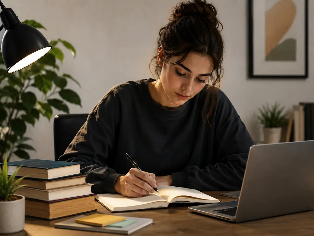 Person doing deep research work at a desk surrounded by books and data