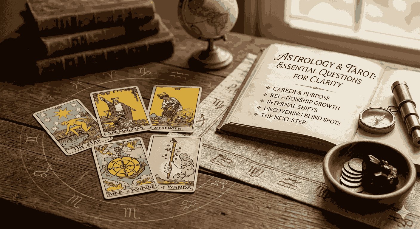 Tarot cards and astrology star chart on a wooden table with essential questions for clarity