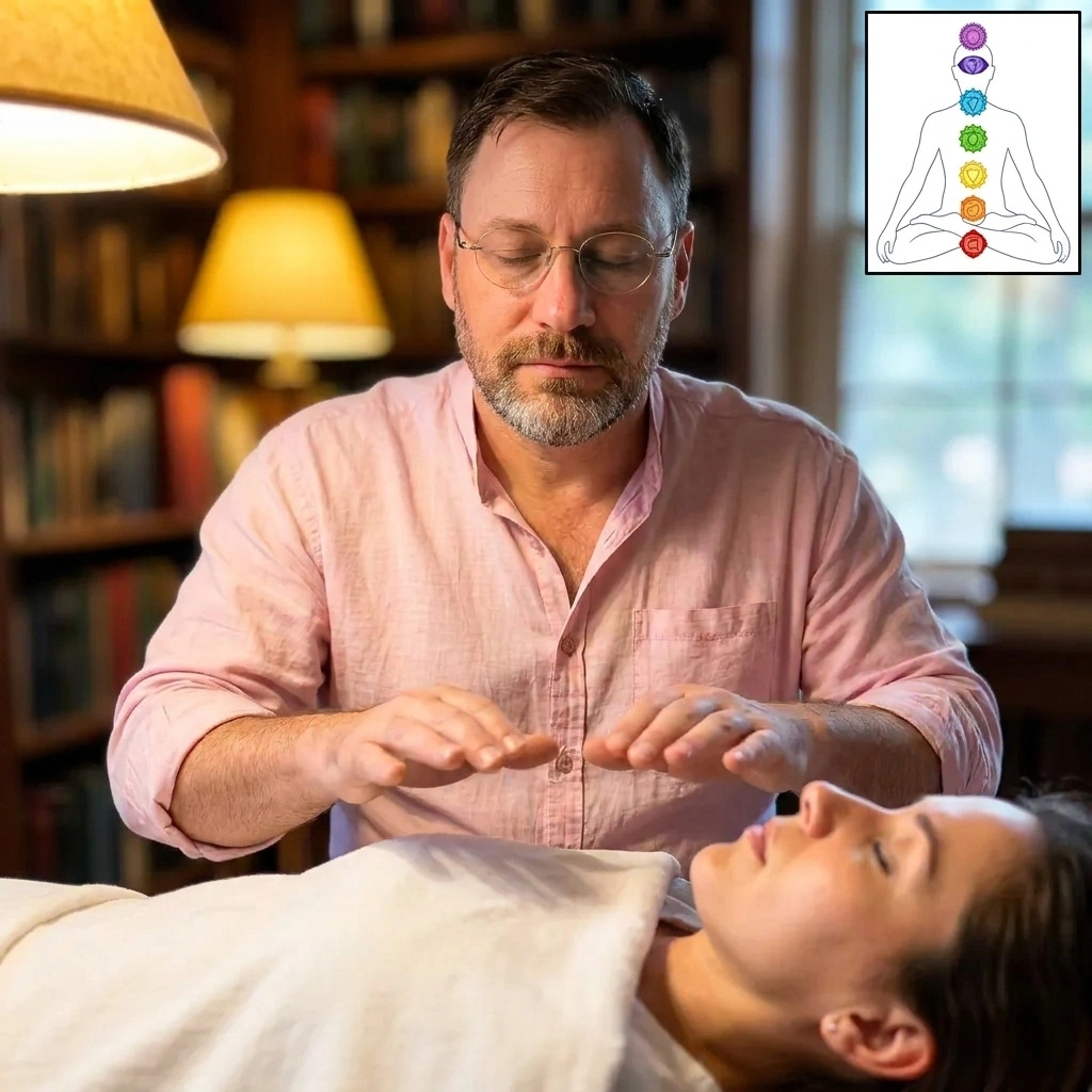 Usui Reiki Master performing chakra balancing with bodywork — hands over the heart center