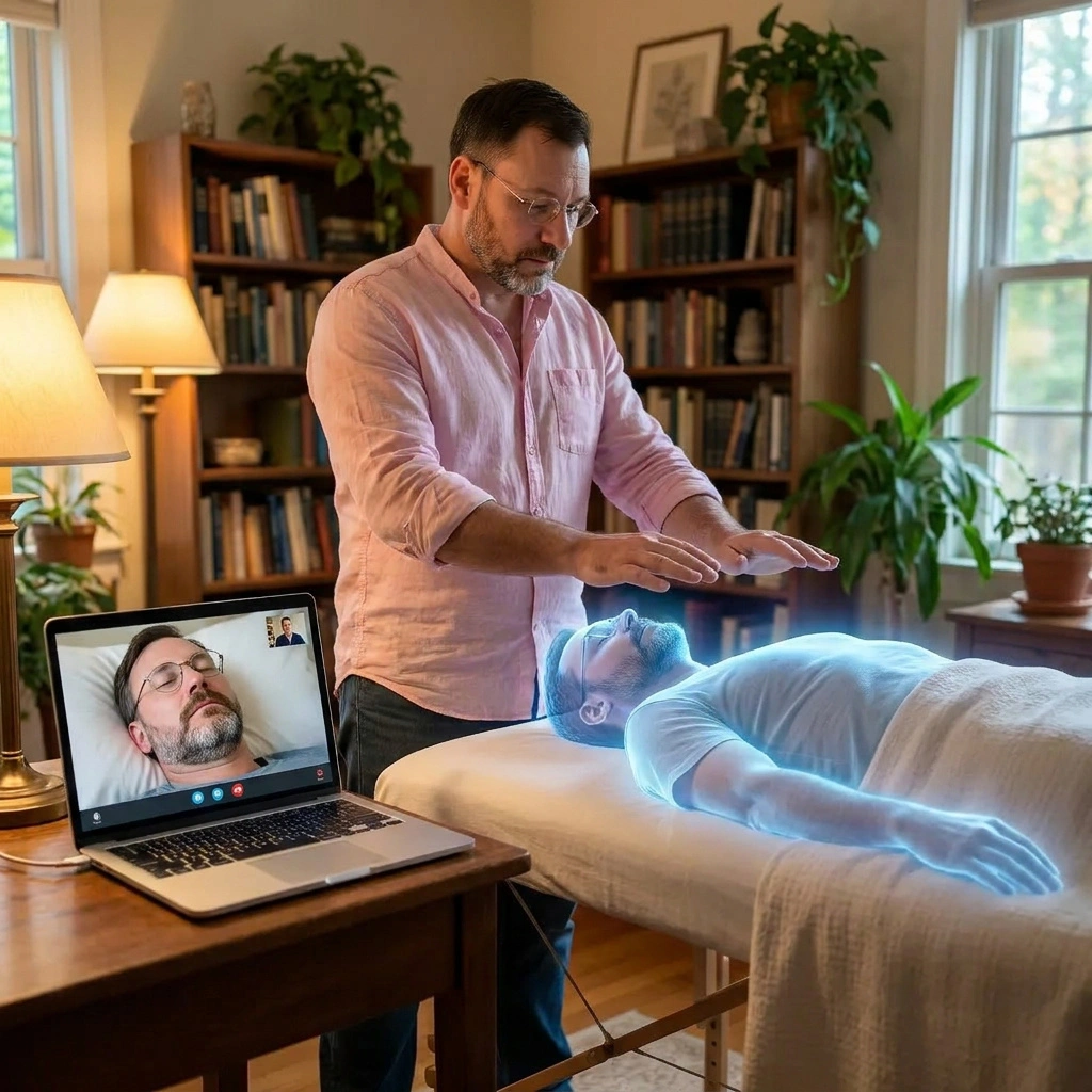 Usui Reiki chakra balancing session — hands hovering over energy centers