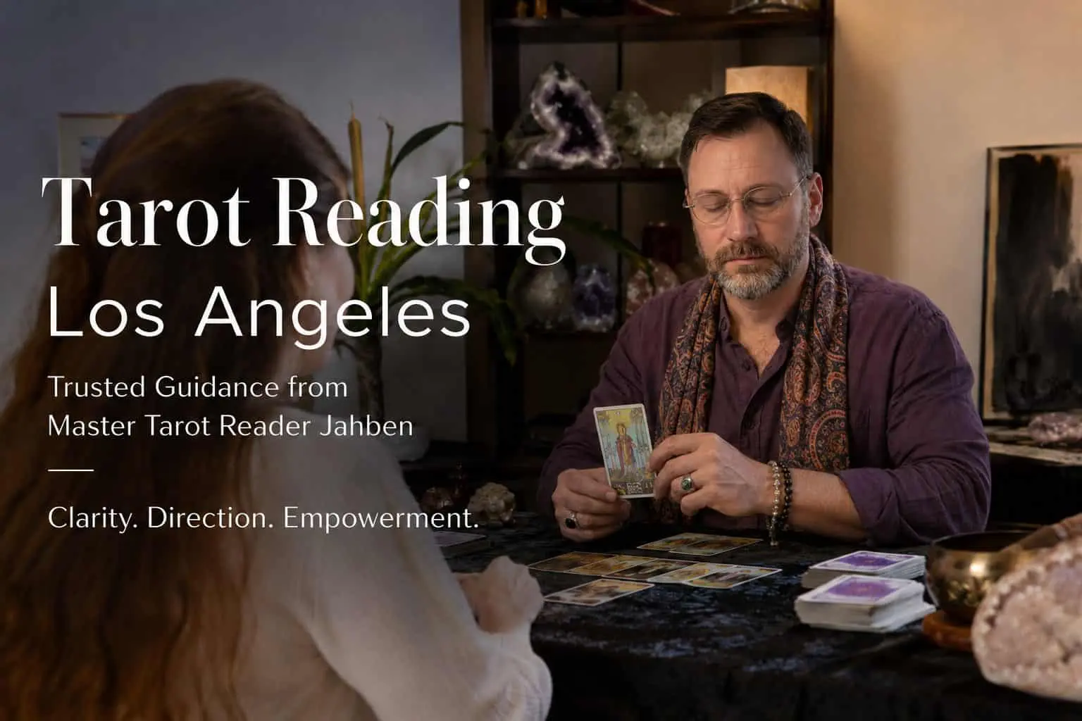 Tarot cards spread on a dark velvet surface during an intuitive reading session in Los Angeles