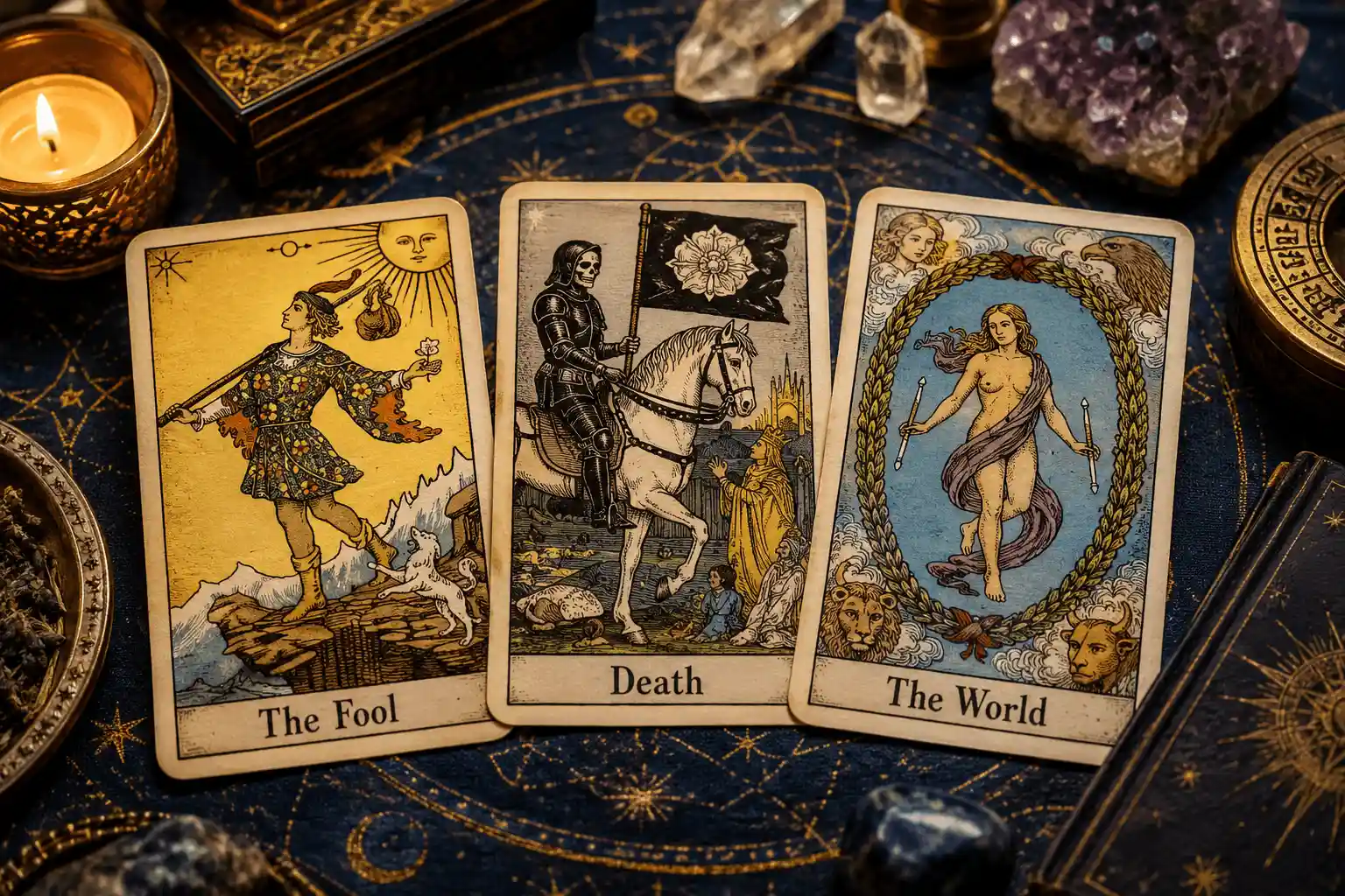 A three-card tarot spread laid out past, present, future with Rider-Waite-Smith deck