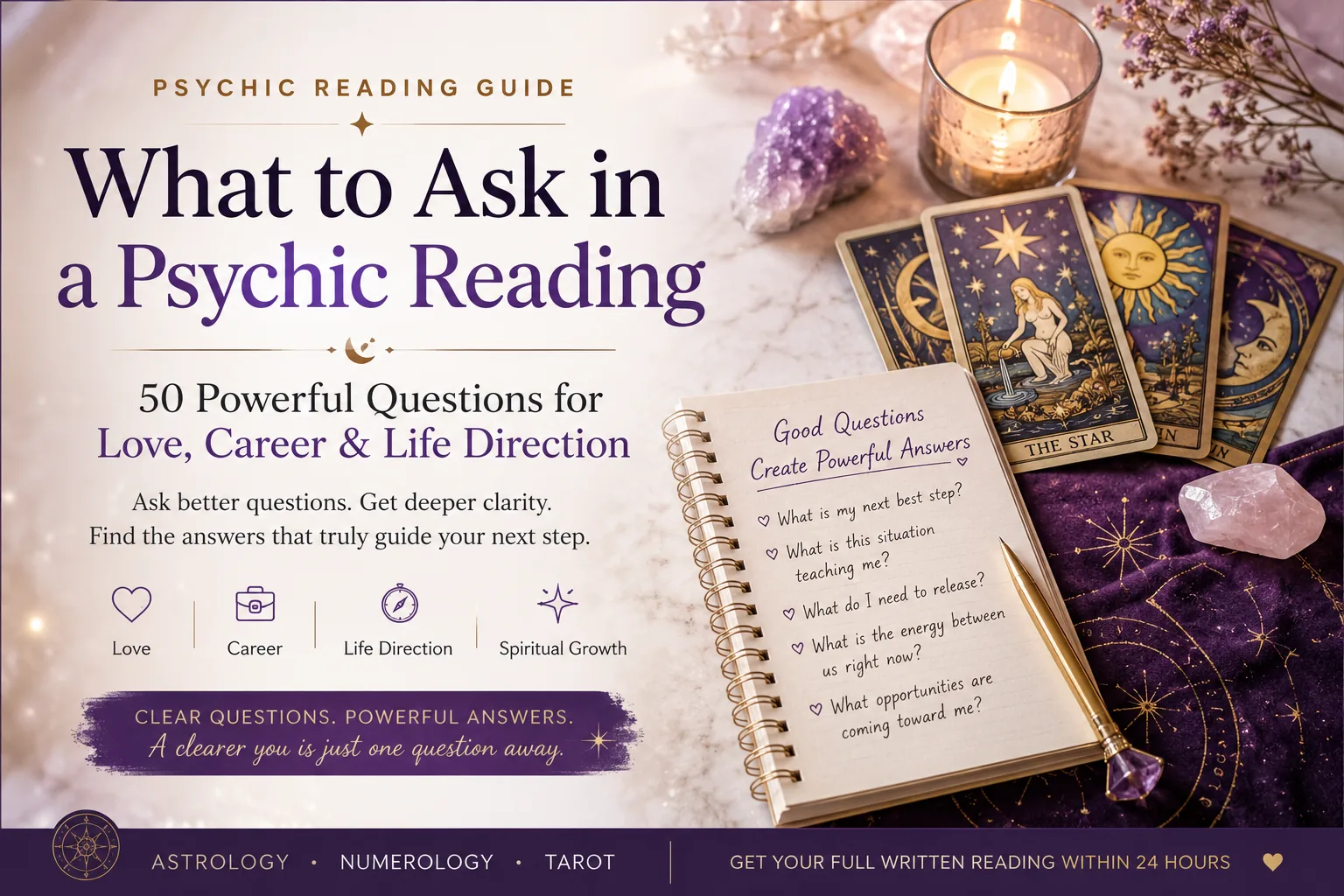What to ask in a psychic reading — journal and tarot cards