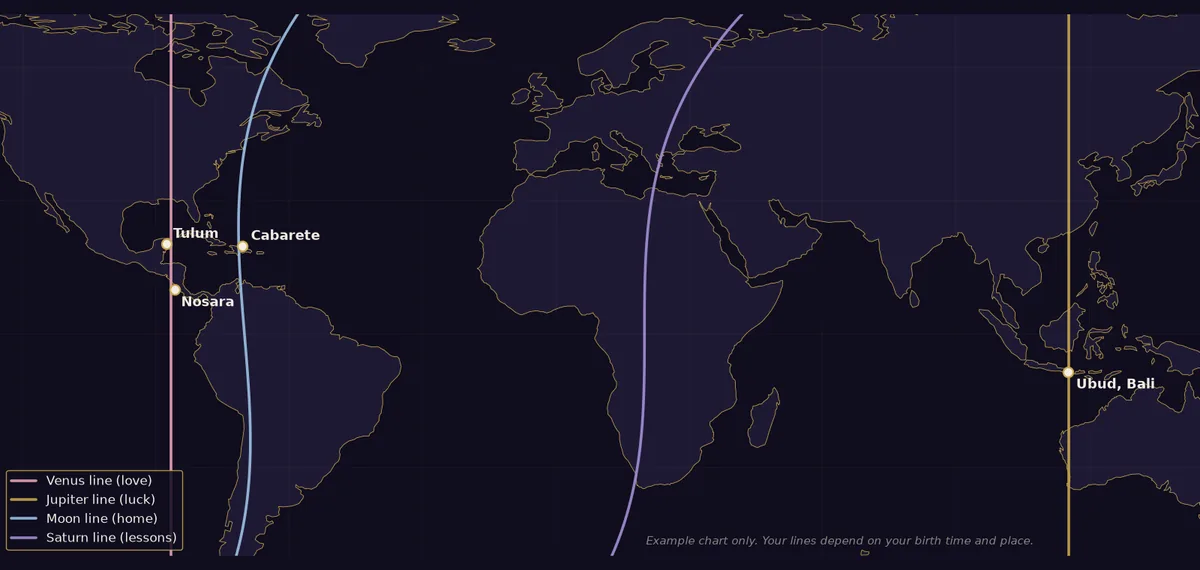 Example locational astrology map with Venus, Jupiter, Moon and Saturn lines crossing a world map, with Nosara, Tulum, Cabarete and Ubud marked
