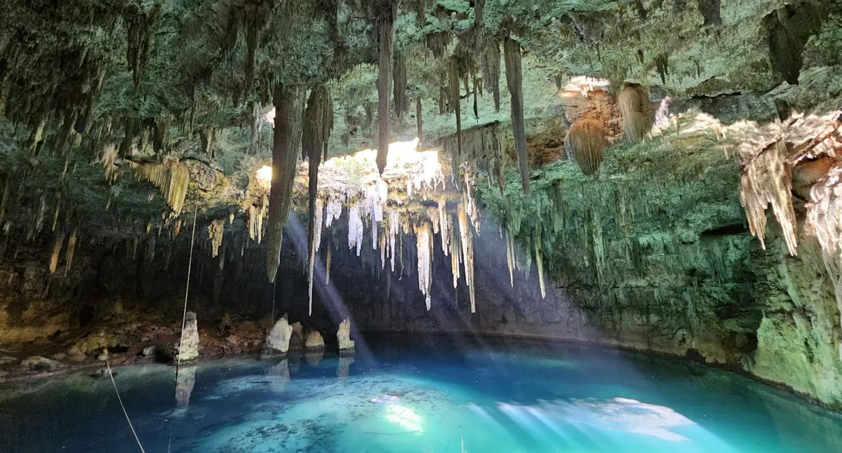 Turquoise water in Cenote Xcanahaltún, a cave cenote in Yucatán, Mexico, with stalactites and roots hanging from the rock ceiling