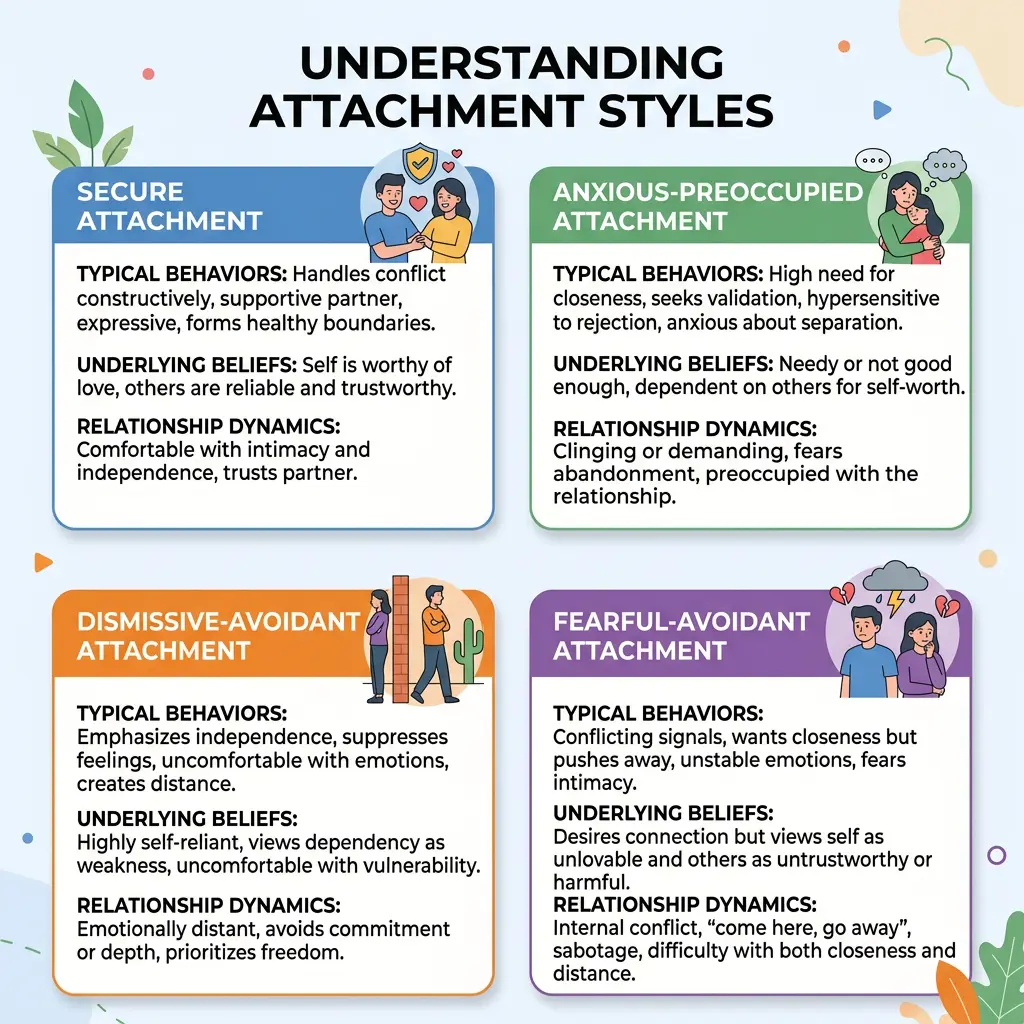 Chart showing the four adult attachment styles and how they affect romantic relationships