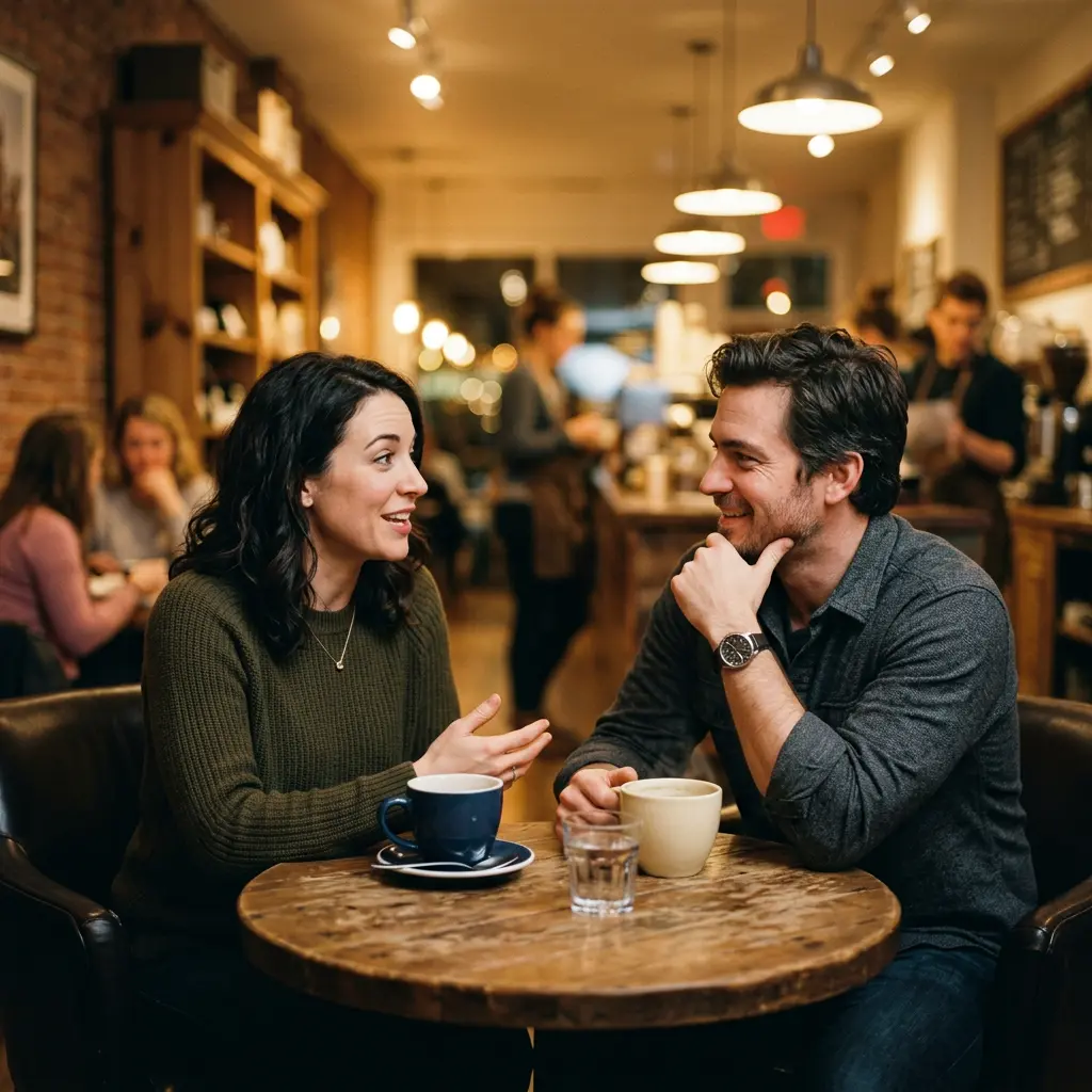 Two people sharing a slow, genuine conversation over coffee on a date